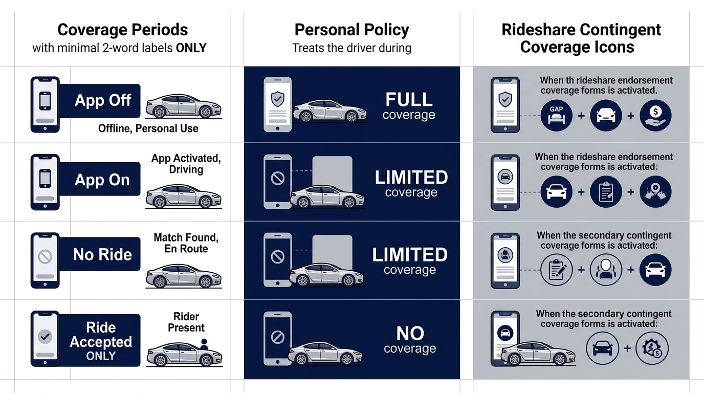 Infographic comparing personal auto insurance coverage versus rideshare endorsement during app off and on periods without rides.