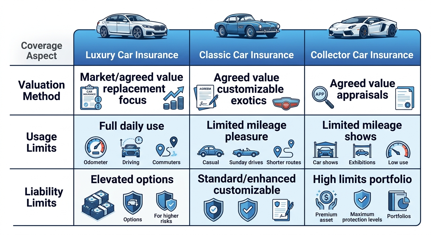 Infographic table comparing coverage aspects of luxury car insurance, classic car insurance, and collector car insurance including valuation methods, usage limits, and liability options.