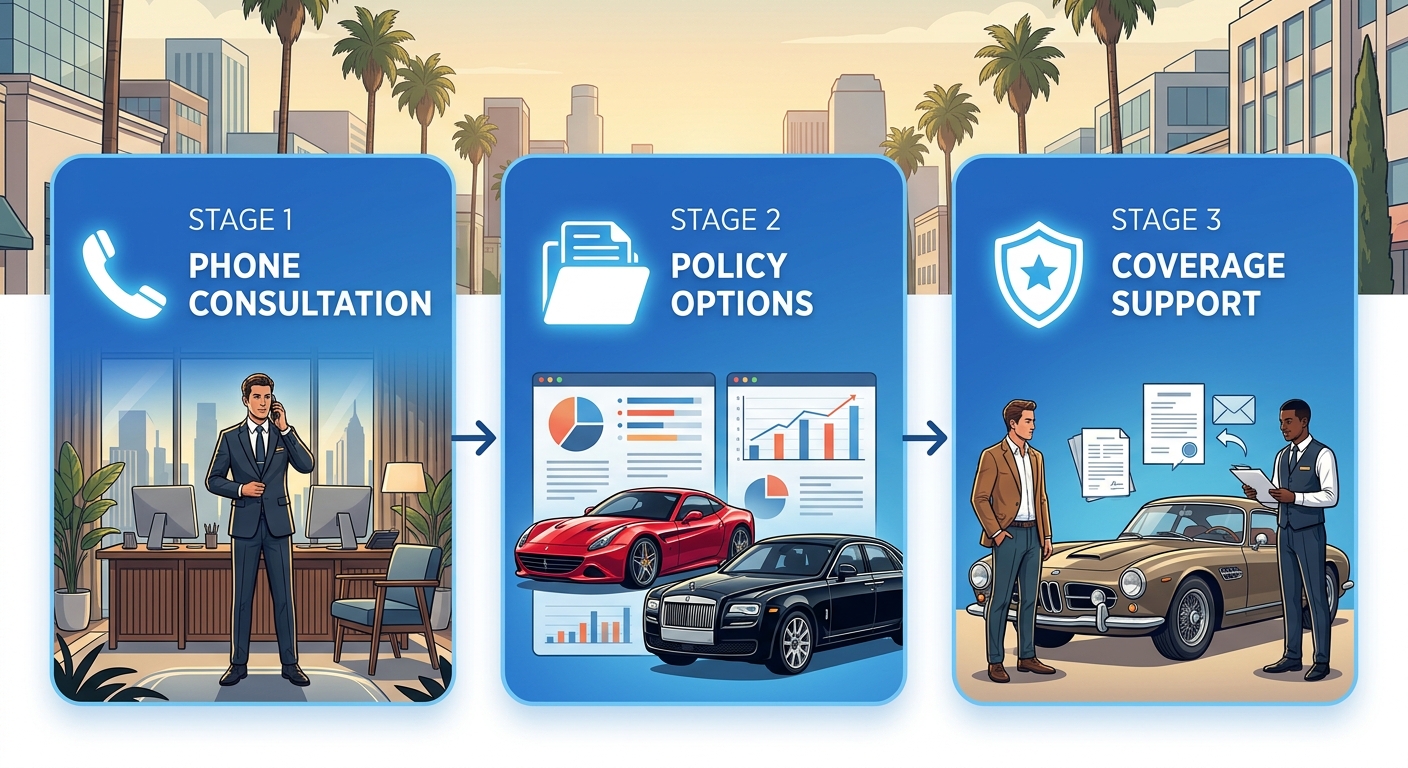 Horizontal process flow diagram illustrating three stages of luxury car insurance concierge service: phone consultation, curated policy options, and coverage activation with icons and arrows.