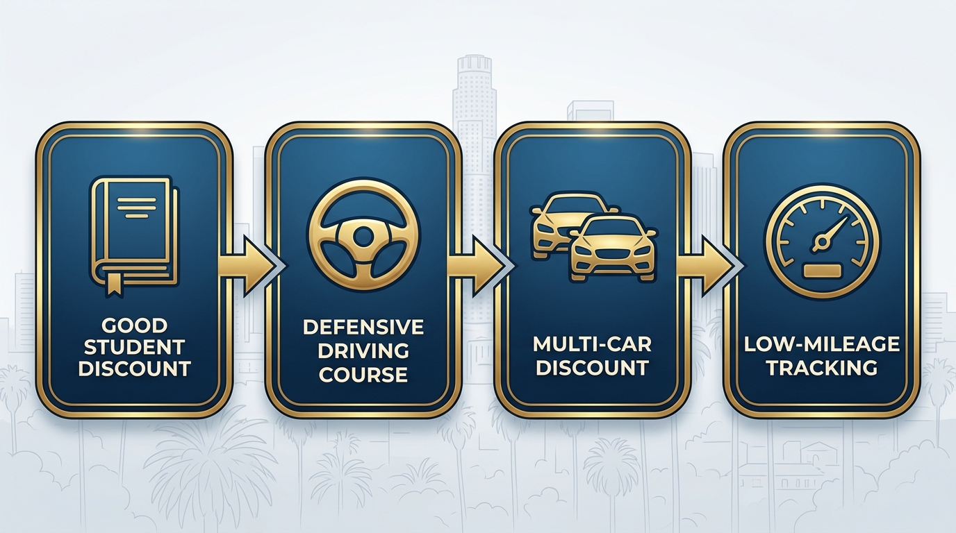 Horizontal process flow diagram illustrating four strategies to lower teen premiums on luxury auto insurance: good student discount, defensive driving course, multi-car discount, and low-mileage tracking.