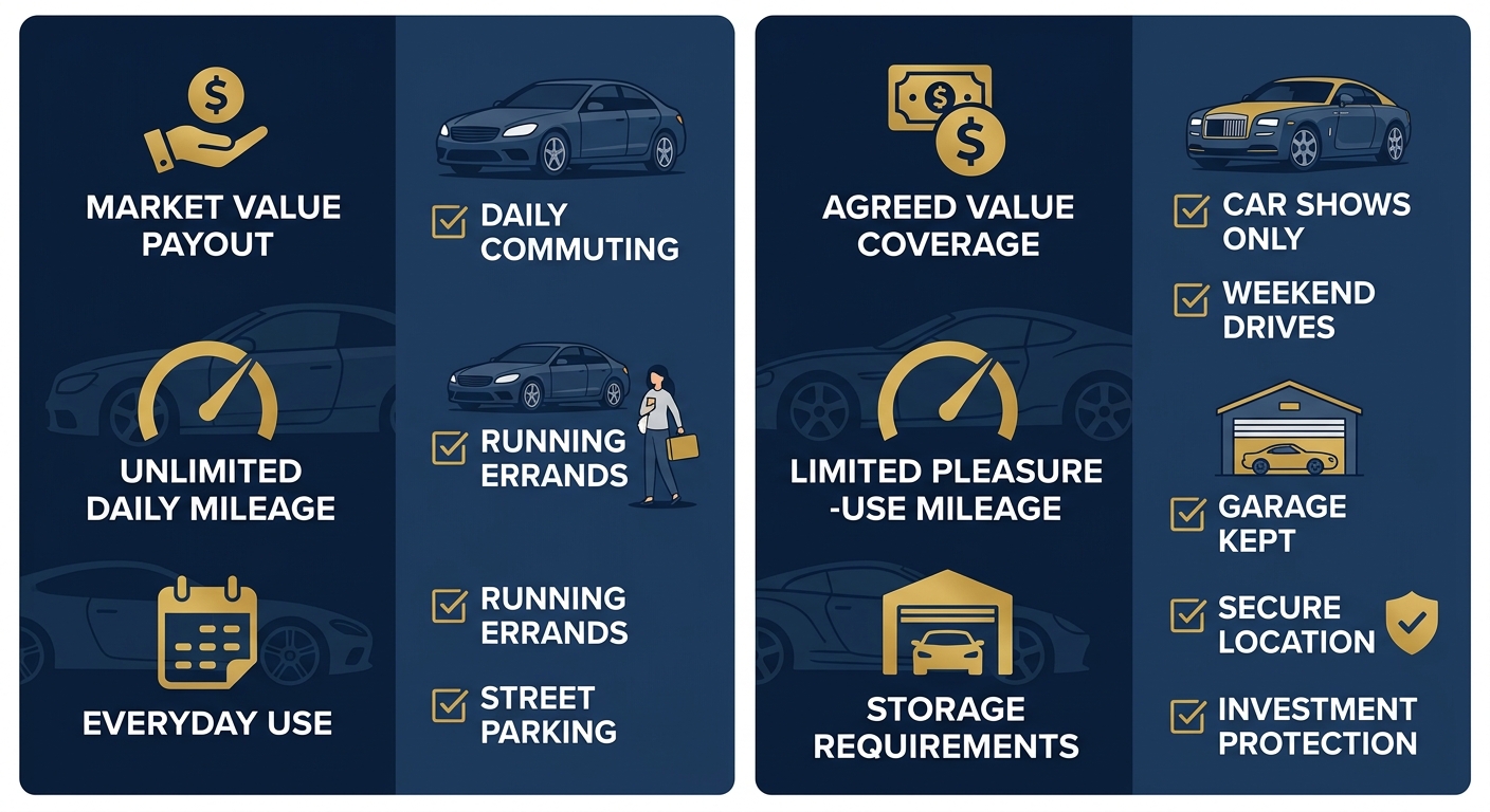 Side-by-side comparison infographic of regular auto insurance features versus collector car insurance, highlighting payout, mileage, and usage differences with icons.
