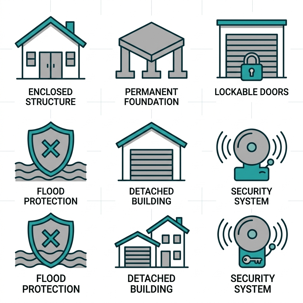 2x3 grid of flat outline icons for secure garage needs: enclosed structure, permanent foundation, lockable doors, flood protection, detached building, security system with short labels below.