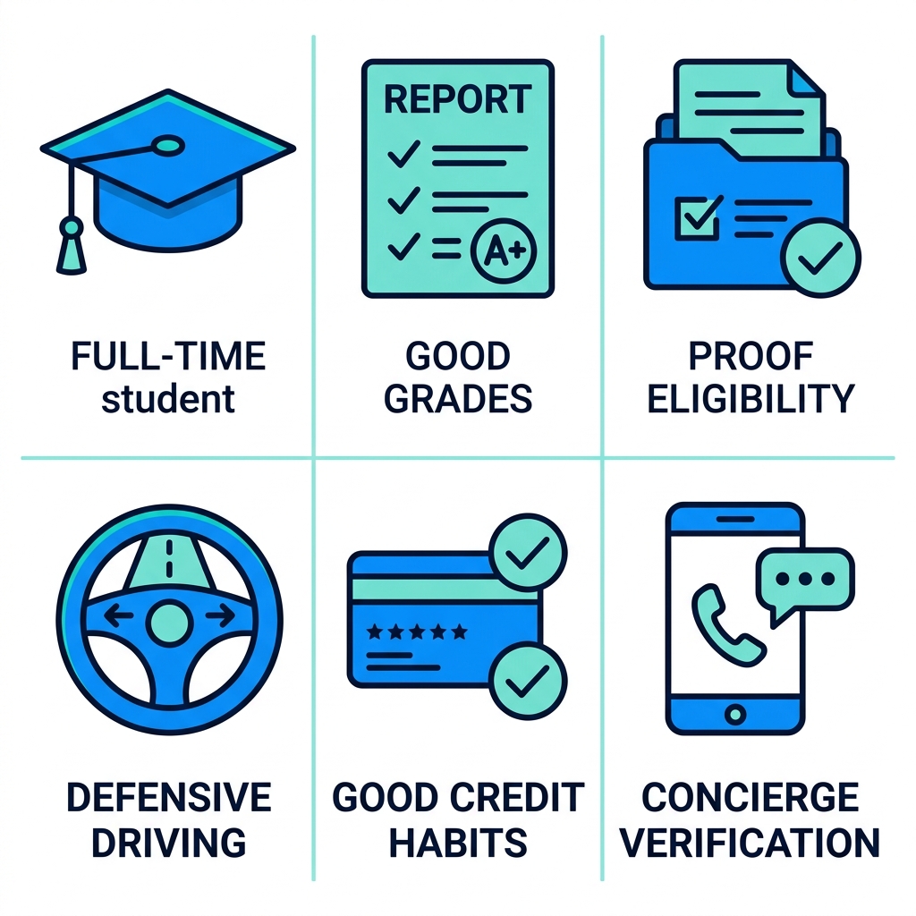 2x3 grid of icons showing graduation cap, report card, document folder, steering wheel, credit card, and phone for maximizing good student auto insurance discounts