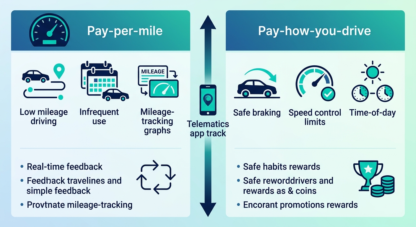 Infographic dividing usage-based auto insurance into pay-per-mile and pay-how-you-drive columns with telematics tracking.