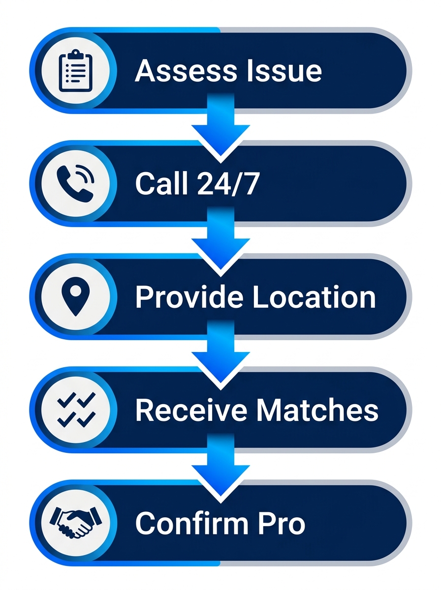 Vertical process flow diagram of 5 steps for securing emergency HVAC repair in Houston: assess issue, call referral line, provide location, receive licensed matches, confirm with pro.