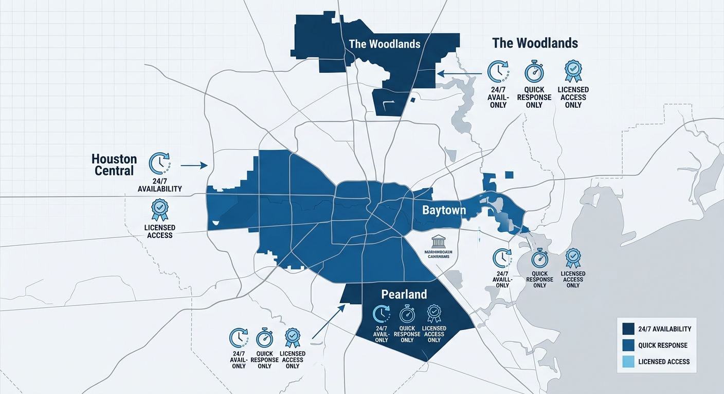 Infographic map of Greater Houston neighborhoods highlighting emergency HVAC services with 24/7 availability, quick response, and licensed contractors.