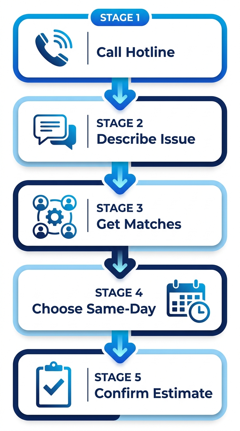Vertical 5-step process flow for free referral to certified Houston HVAC technicians: call hotline, describe issue, get vetted matches, choose same-day service, confirm estimate