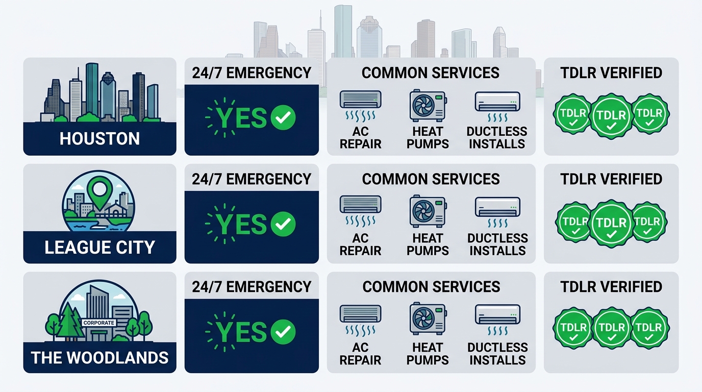 Infographic table comparing HVAC referral coverage in Houston, League City, The Woodlands with 24/7 availability, services, and TDLR licensing verification