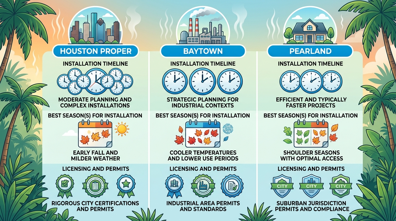 Infographic comparing AC installation factors in Houston, Baytown, and Pearland with icons for timelines, seasons, and permits