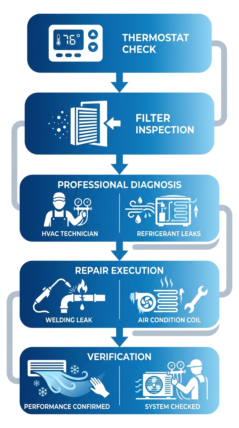 Vertical process flow diagram of five AC diagnosis stages: thermostat check, filter inspection, professional diagnosis, repair execution, verification.