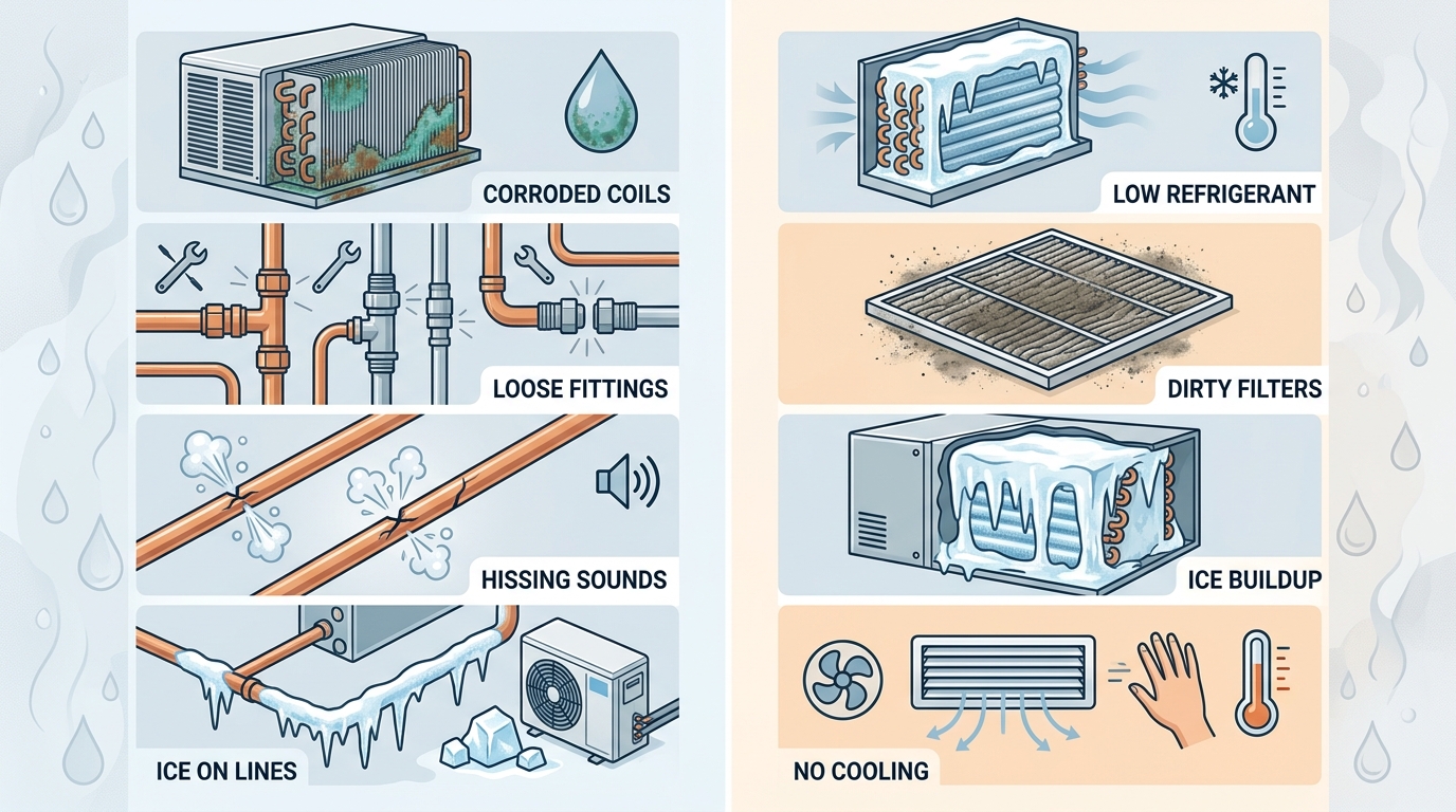 Side-by-side infographic comparing causes and signs of AC refrigerant leaks versus frozen evaporator coils with icons.