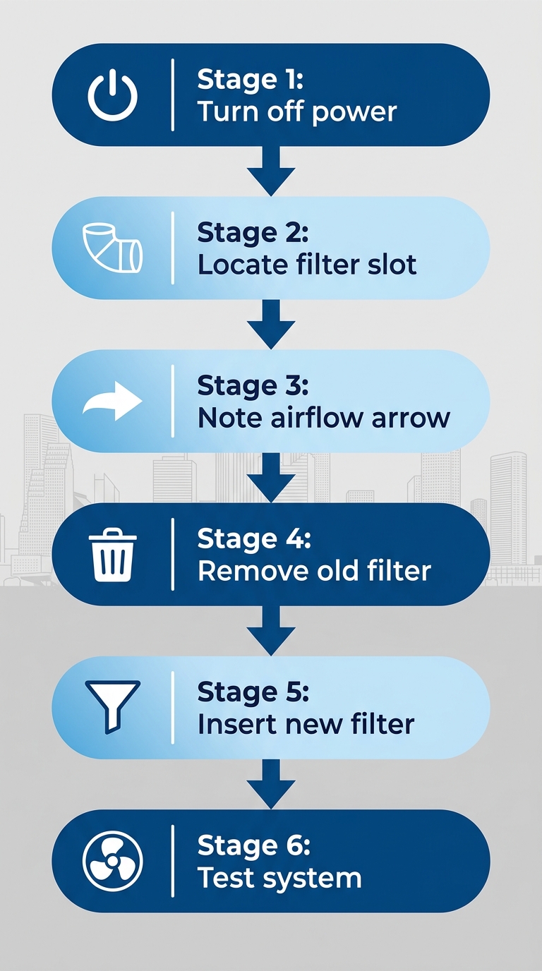 Vertical process flow diagram illustrating 6 steps for safe HVAC filter replacement with icons and arrows