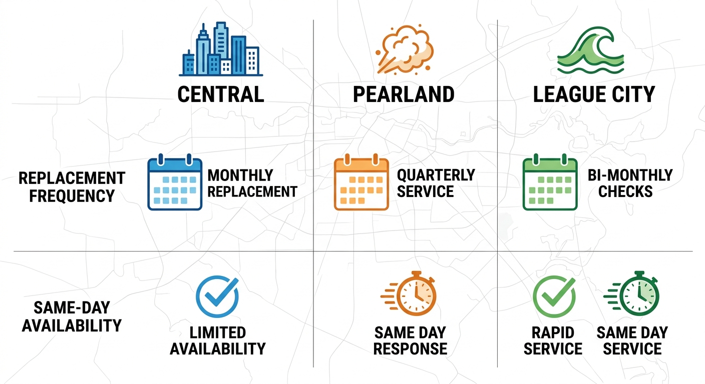 Infographic comparing HVAC filter replacement frequency and same-day availability across Houston Central, Pearland, and League City with regional icons.