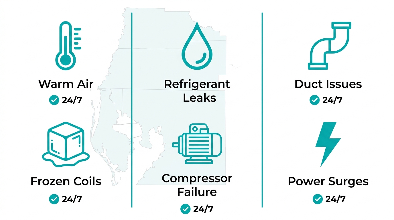 Infographic comparing common AC emergency risks in Hillsborough, Pinellas, and Pasco counties with icons and 24/7 checkmarks