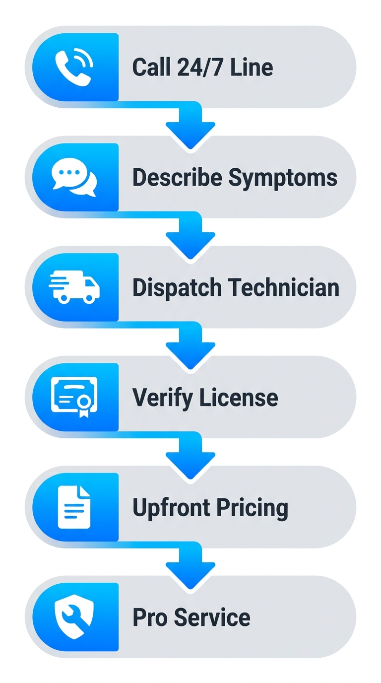 Vertical process flow diagram illustrating 6 steps to arrange emergency AC repair via Tampa HVAC Connect: call referral line, describe issue, dispatch technician, verify license, get pricing, receive service.