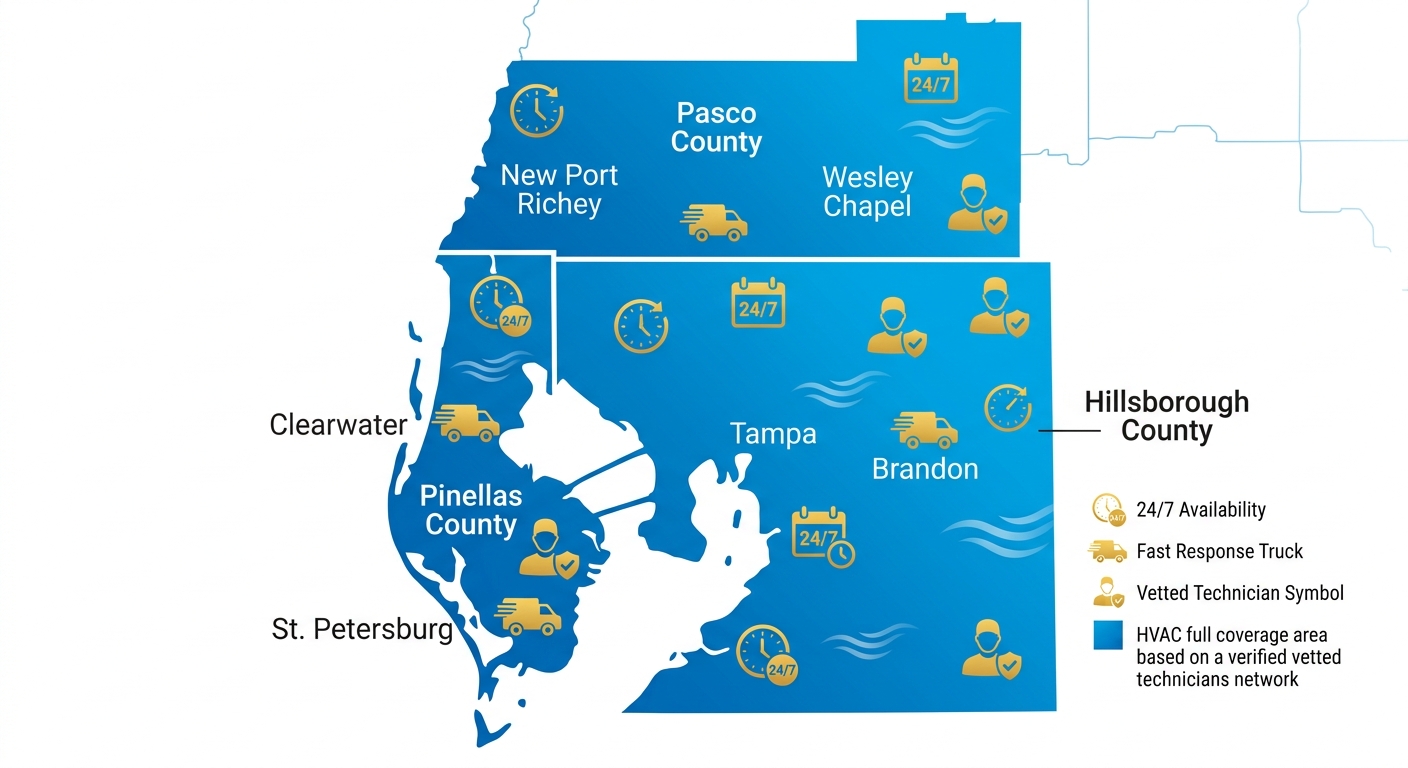 Infographic map of Tampa Bay area showing HVAC service coverage in Hillsborough, Pinellas, and Pasco counties with service icons