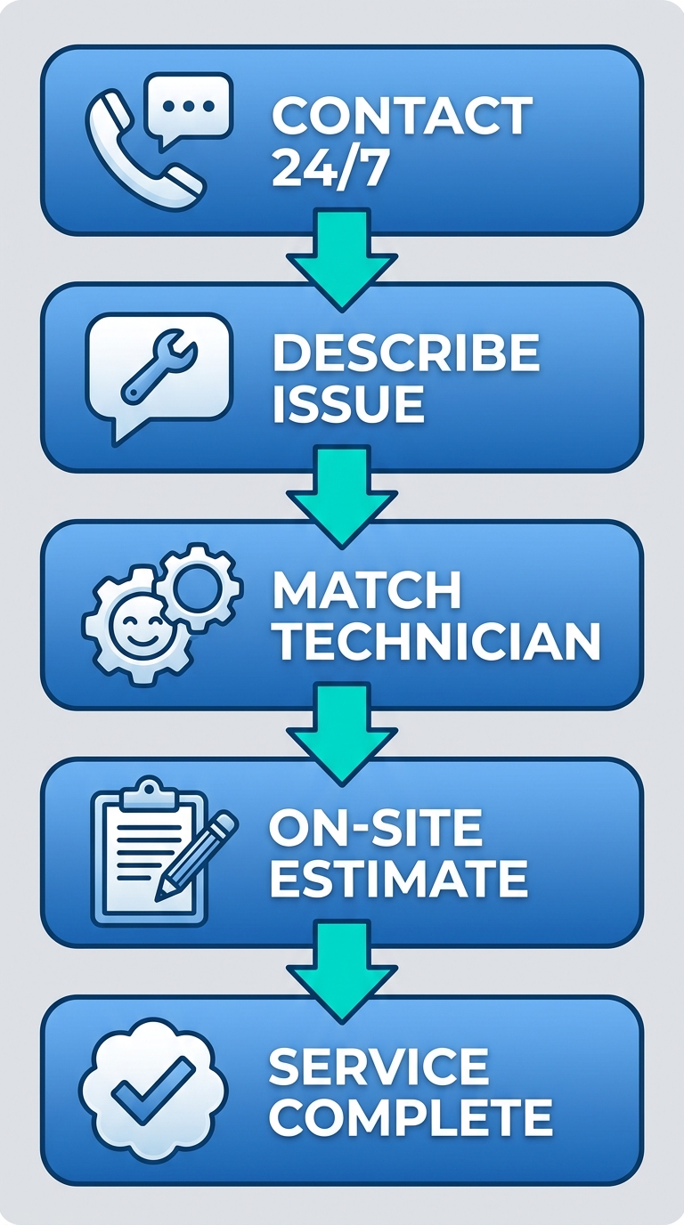 Vertical process flow diagram illustrating 5 steps to arrange fast HVAC service: contact line, describe issue, technician match, on-site estimate, and service completion with icons and teal arrows.
