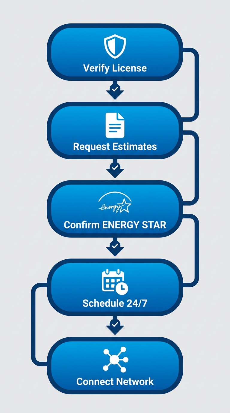 Vertical process flow diagram showing 5 steps to secure affordable HVAC repair: verify license with shield, request estimates with document, confirm ENERGY STAR tips, schedule 24/7 service with calendar, connect via network.