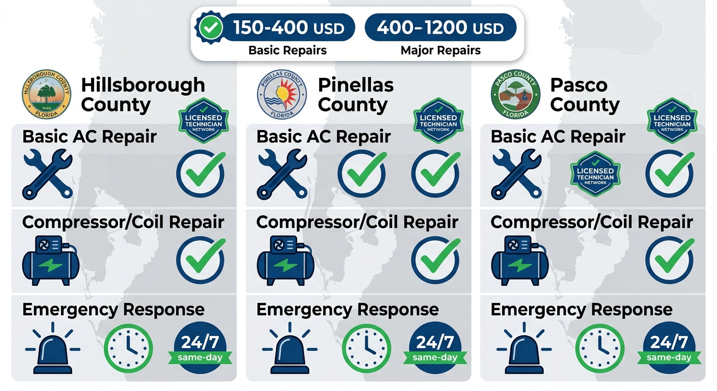 Infographic comparing HVAC repair services and transparent pricing across Tampa Bay counties with icons and checkmarks