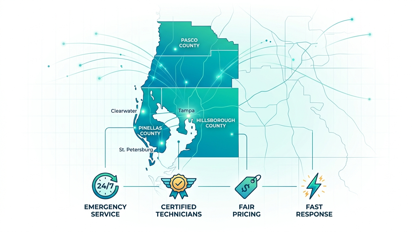 Infographic map displaying Tampa Bay HVAC service areas in Hillsborough, Pinellas, and Pasco counties with icons for 24/7 service, vetted technicians, transparent pricing, and fast response