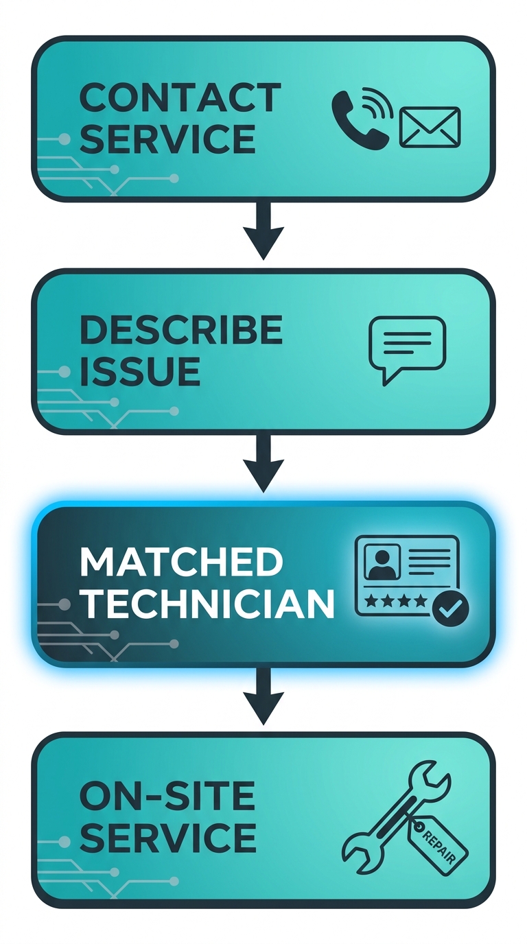 Vertical process flow diagram outlining four steps to arrange 24-hour HVAC repair: contact service, describe issue, matched technician, on-site service with pricing.