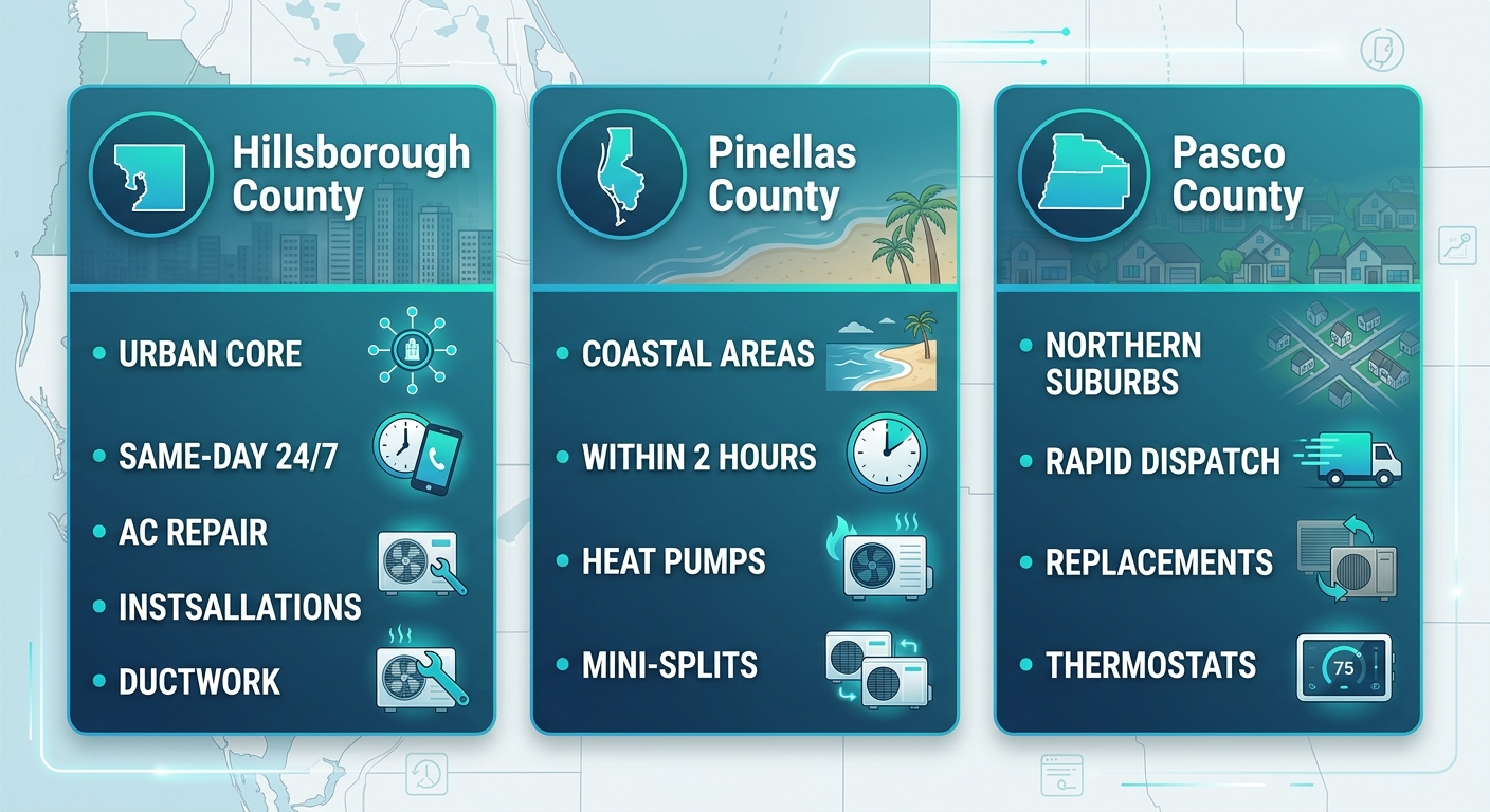 Infographic showing HVAC service coverage comparison across Hillsborough, Pinellas, and Pasco counties in Tampa Bay