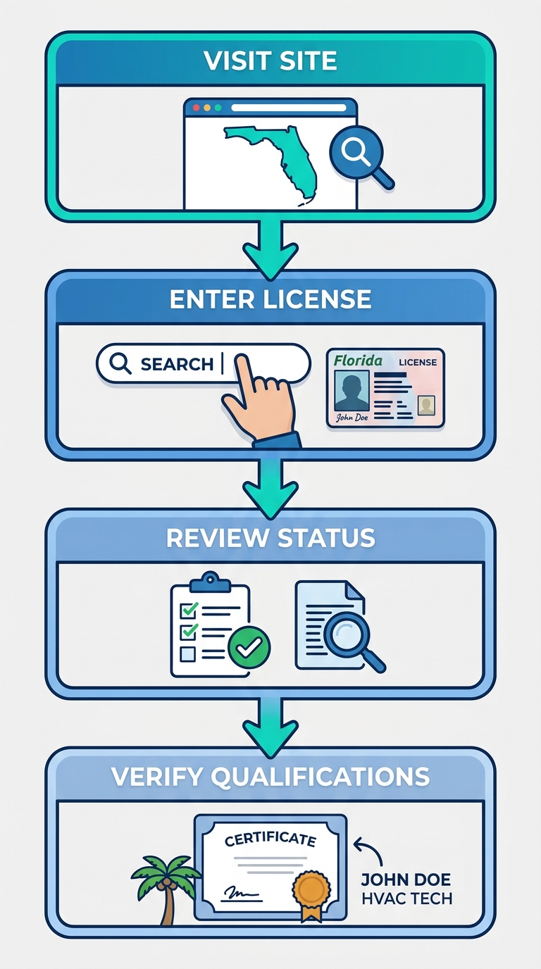 Vertical four-step process flow for verifying Florida HVAC technician licenses: visit site, enter details, review status, cross-check qualifications, with icons and teal accents.