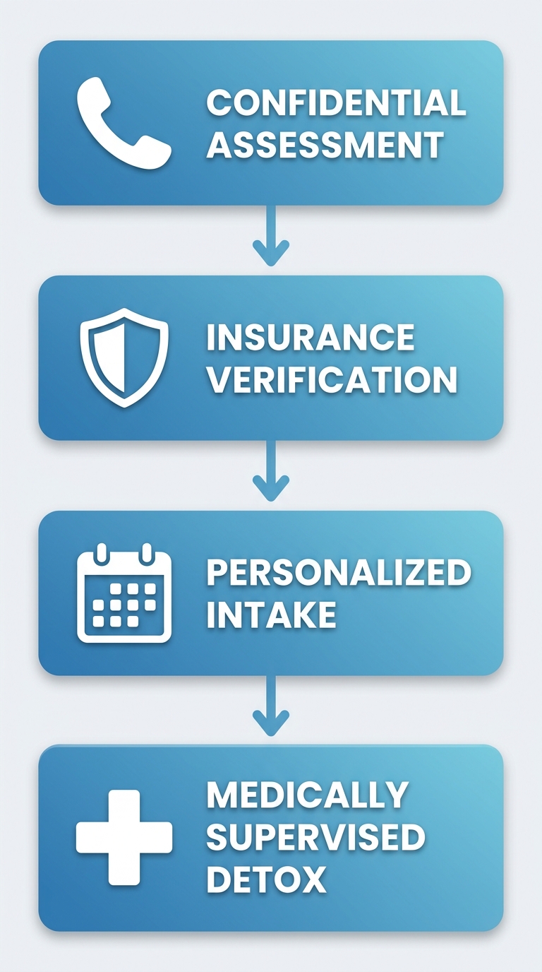 Vertical process flow illustrating four steps: confidential assessment, insurance verification, personalized intake, and medically supervised detox for rehab near Woodland Hills