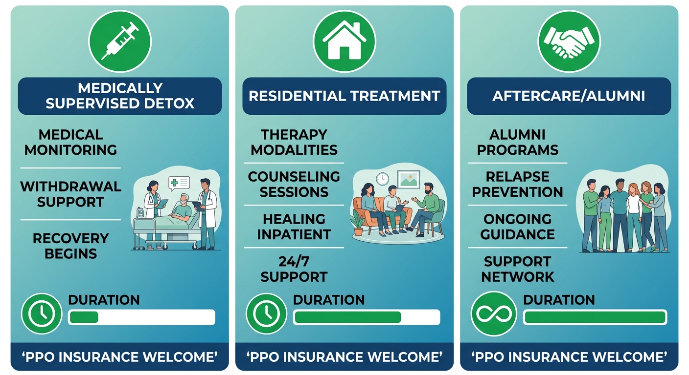 Infographic comparing medically supervised detox, residential treatment, and aftercare programs near Woodland Hills with icons and service highlights.