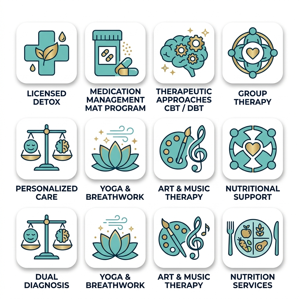 Grid of 8 icons depicting key luxury rehab services: detox, MAT, therapies, yoga, nutrition in Encino facility