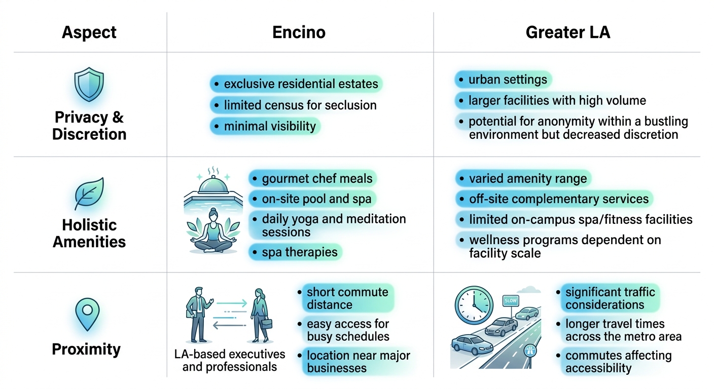 Infographic comparing Encino and Greater Los Angeles addiction treatment on privacy, amenities, and proximity with icons