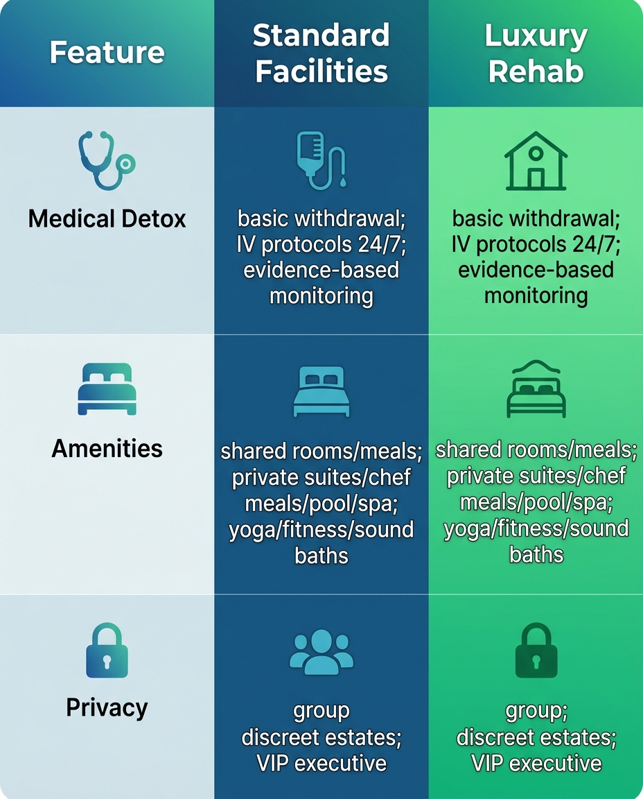 Infographic comparing standard rehab facilities and luxury rehab estates in Tarzana: detox, amenities, privacy features