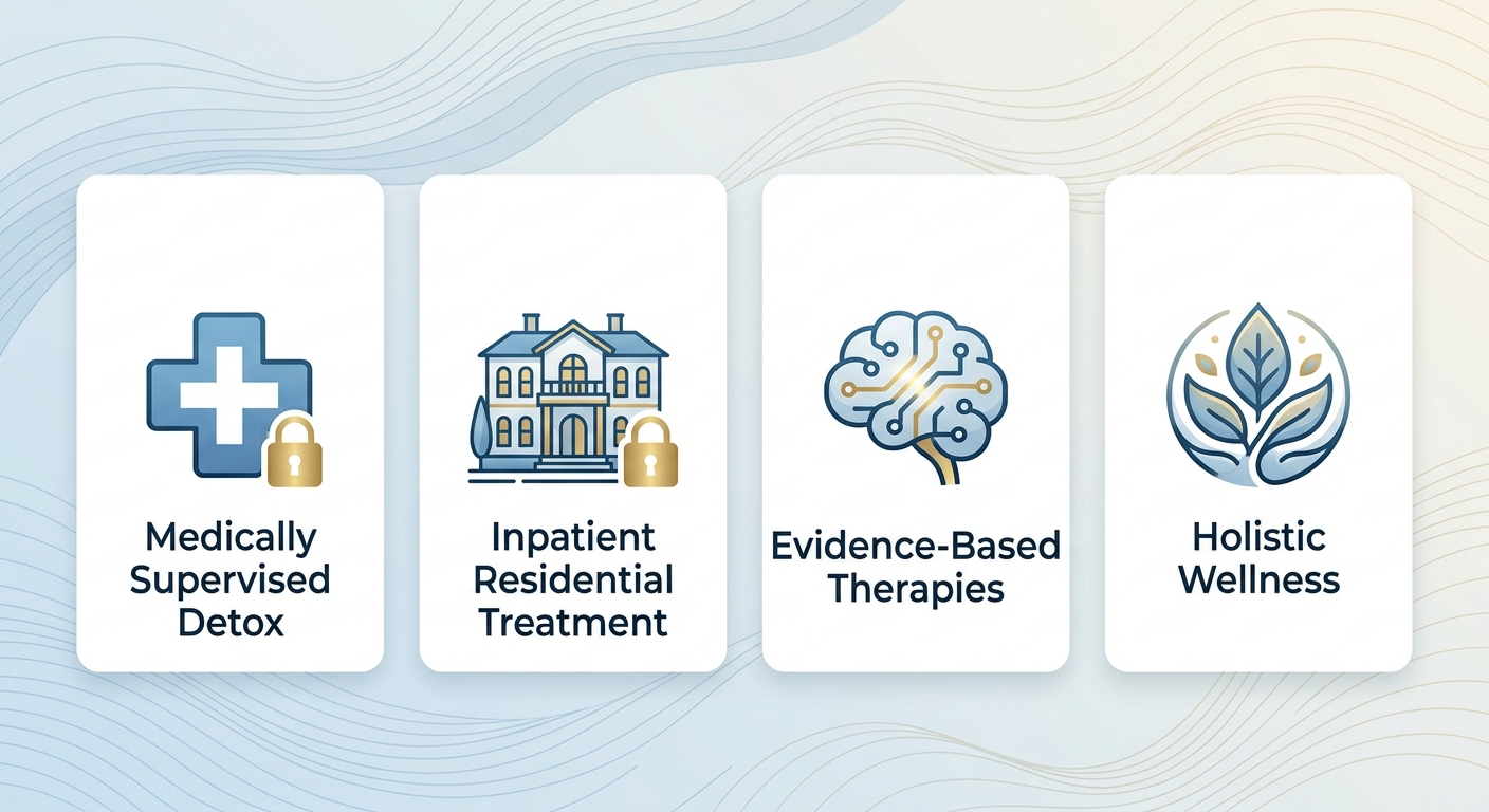 Infographic overview of four premium drug rehab services: medically supervised detox, inpatient treatment, evidence-based therapies, and holistic wellness for Tarzana.