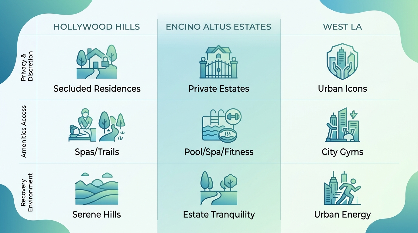 Infographic comparing privacy, amenities, and recovery environments in Hollywood Hills, Encino Altus Estates, and West LA luxury rehabs