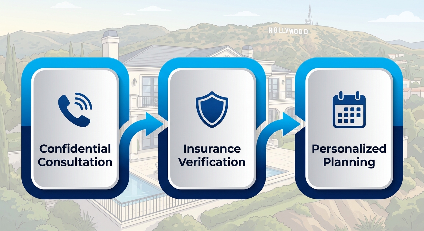 Horizontal process flow diagram illustrating the three-step admissions process at Hollywood Hills Rehab: confidential phone consultation, insurance verification, and personalized treatment planning.