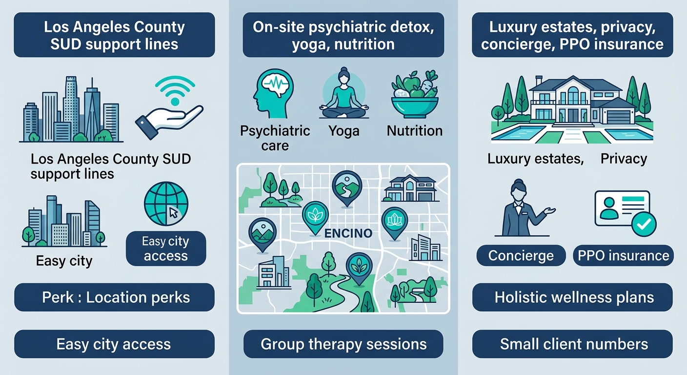 Infographic of Encino's recovery advantages: location perks, services, and unique features like privacy and insurance support