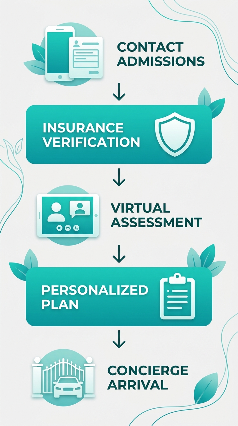 Vertical process flow diagram of 5 steps to begin treatment at Encino Rehab Center: contact admissions, insurance verification, virtual assessment, personalized plan, concierge arrival with icons and arrows.