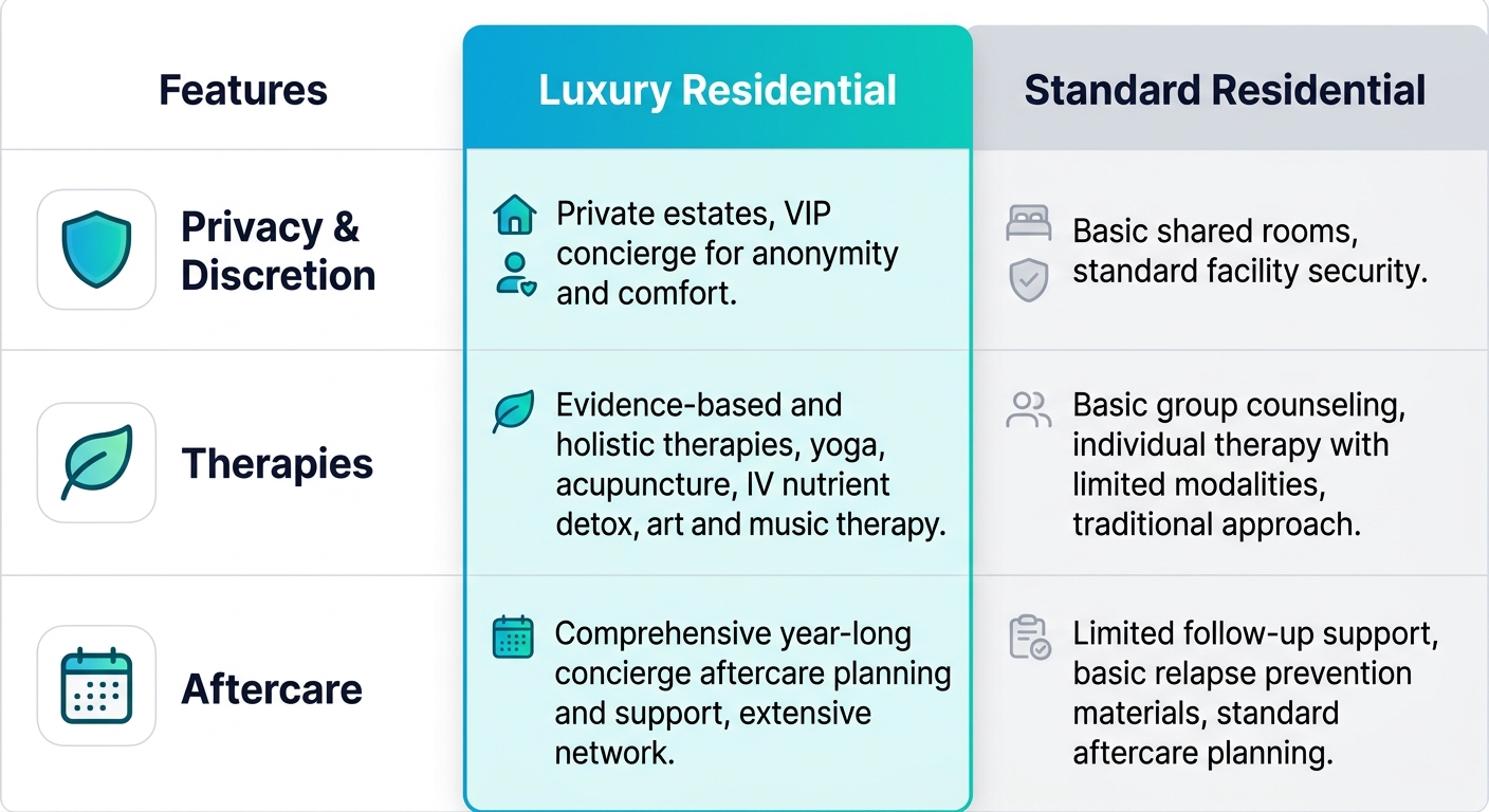 Infographic comparing luxury and standard residential addiction treatment features in Woodland Hills: privacy, therapies, and aftercare