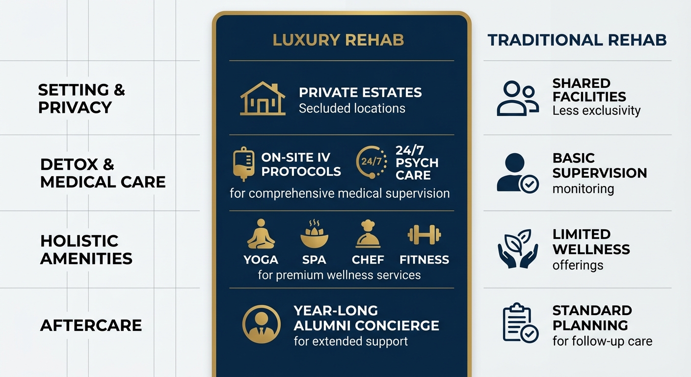 Three-column infographic comparing luxury rehab features against traditional rehab in Woodland Hills recovery landscape