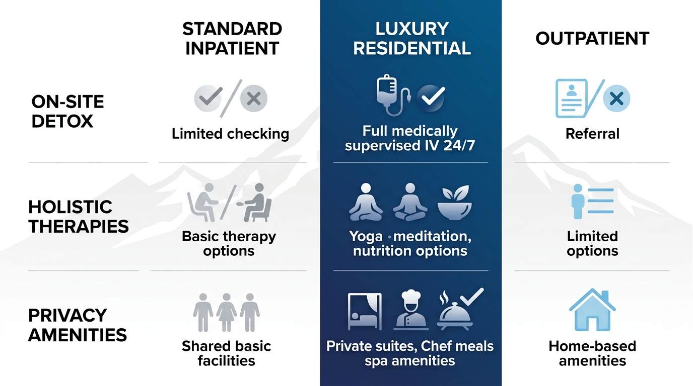 Infographic comparing standard inpatient, luxury residential, and outpatient rehab options near Agoura Hills with icons and checkmarks for key features like detox, therapies, and amenities.