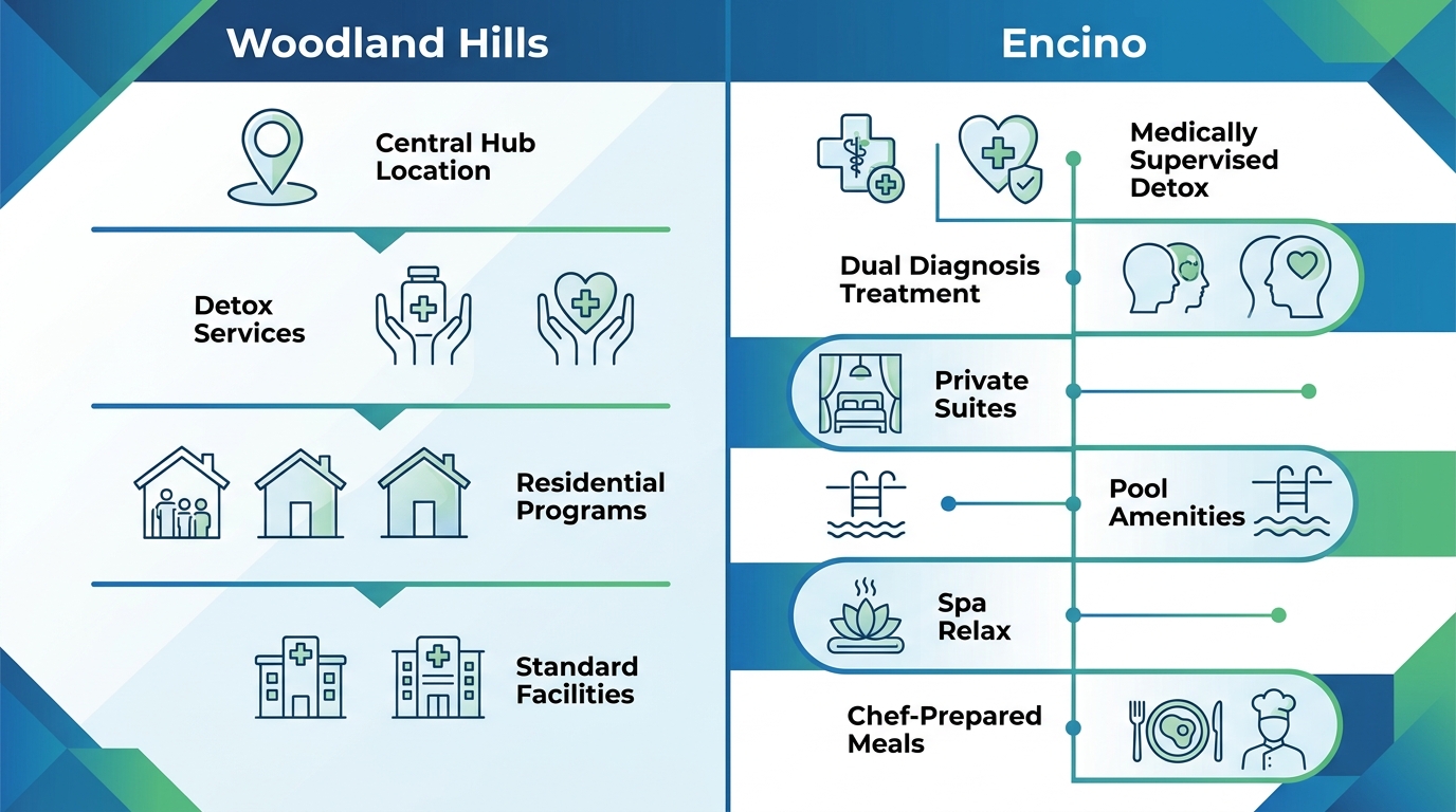 Infographic comparing standard rehab options in Woodland Hills to luxury facilities in nearby Encino