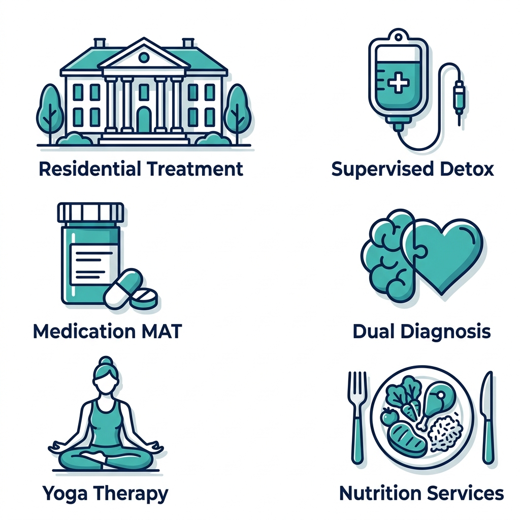 Grid of 6 outline icons depicting luxury rehab services: residential treatment, supervised detox, MAT, dual-diagnosis, yoga therapy, nutrition in teal and navy on white background