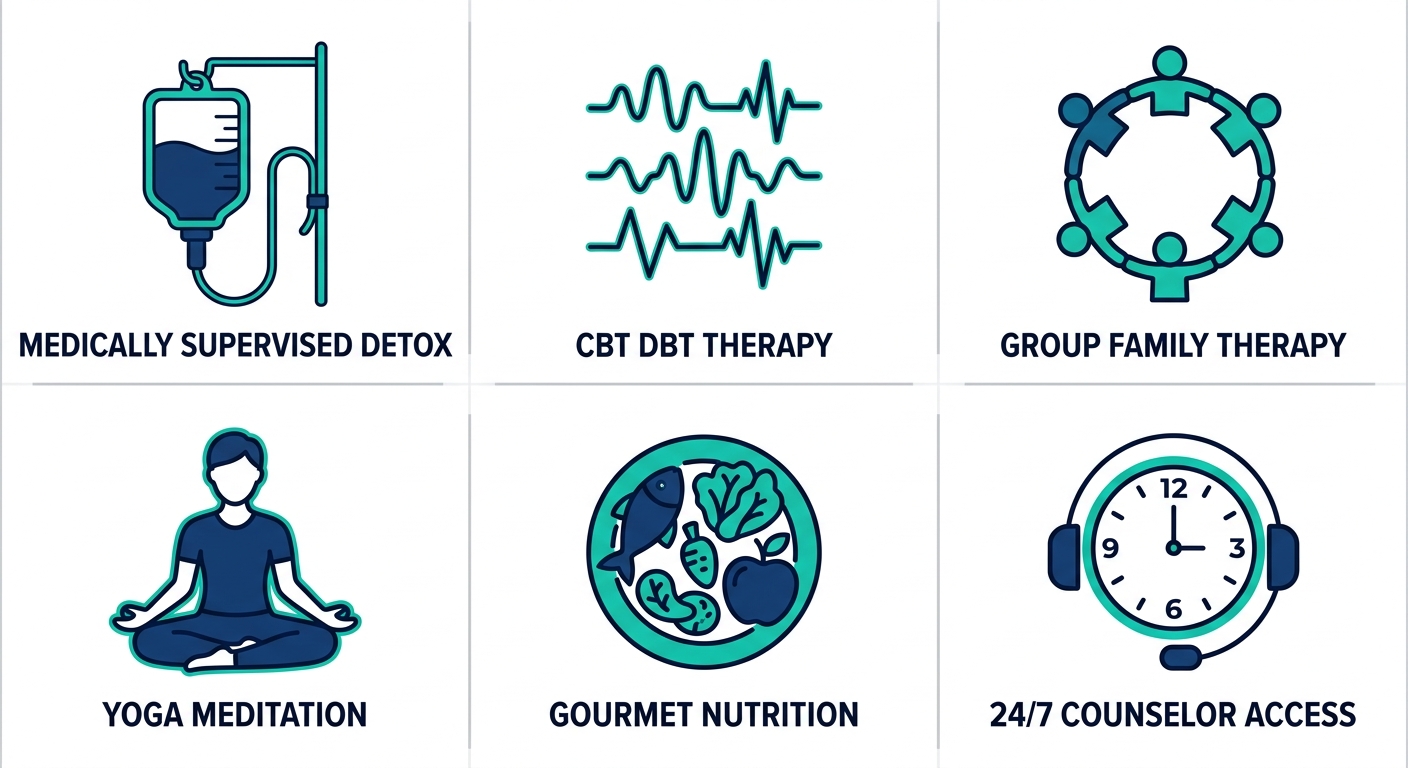 Square grid of 6 icons for luxury drug rehab services: detox, therapy, group sessions, yoga, nutrition, 24/7 support