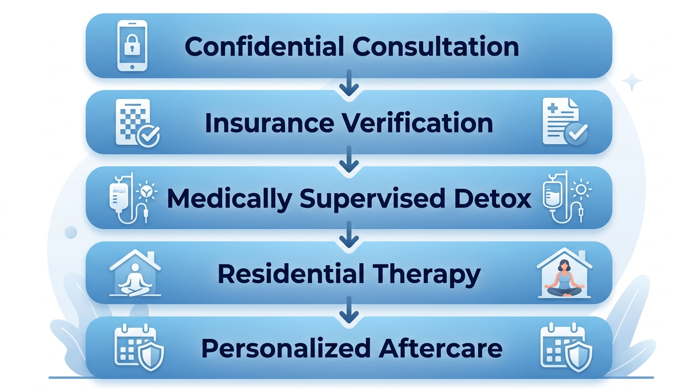 Vertical process flow diagram of 5 steps to start luxury drug treatment: confidential consultation, insurance verification, detox, residential therapy, and aftercare planning with icons.