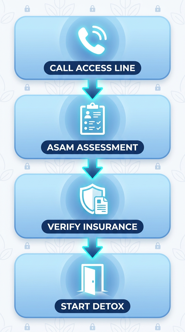 Vertical process flow diagram illustrating four steps to start drug treatment: call access line, ASAM assessment, insurance verification, and beginning detox or residential care.
