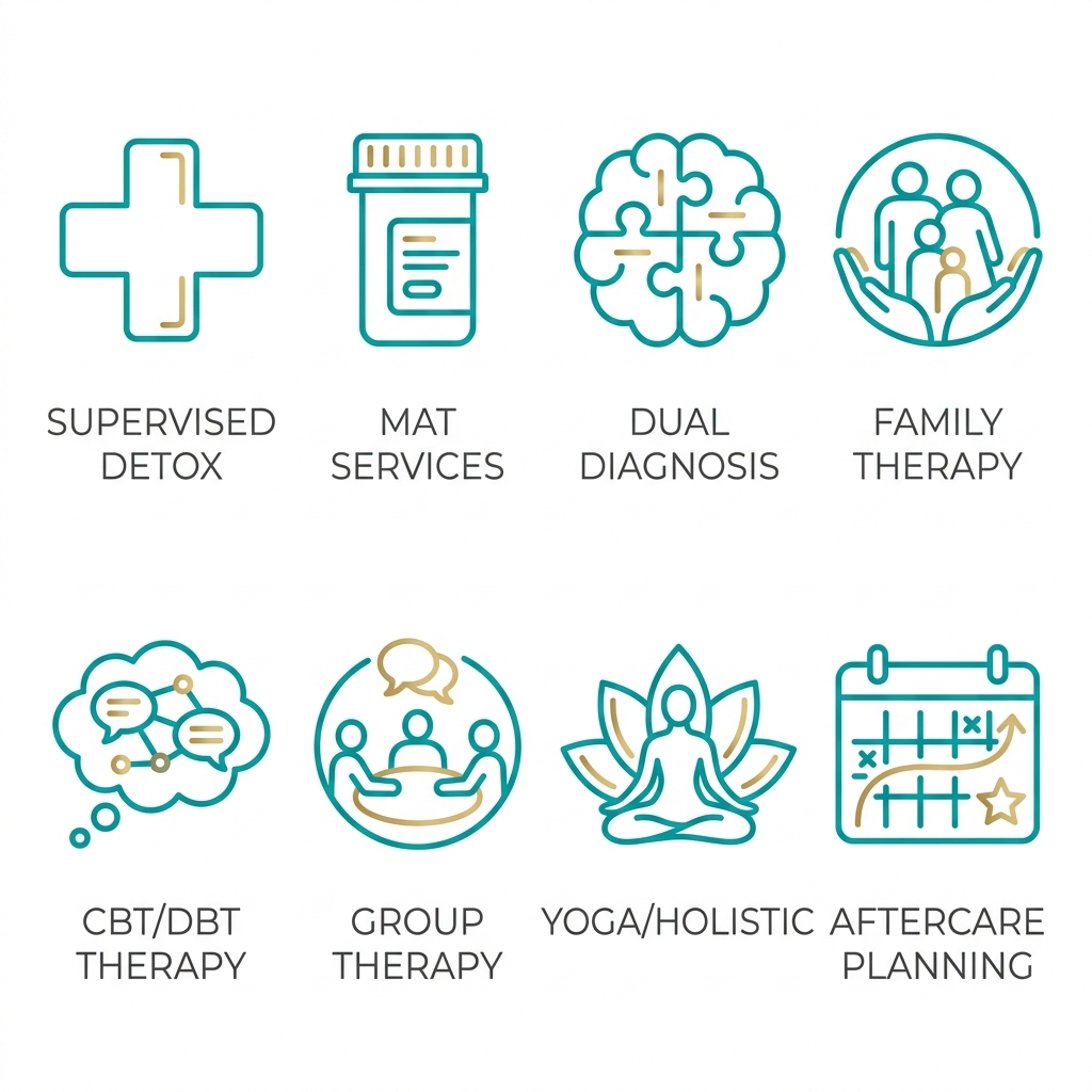 Grid of 8 icons depicting supervised detox, MAT, dual-diagnosis care, family therapy, CBT/DBT, group therapy, yoga/holistic therapies, and aftercare planning for luxury rehab services