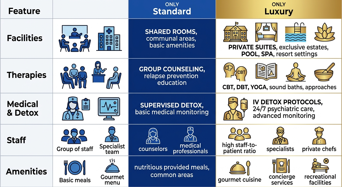 Infographic table comparing standard and luxury alcohol rehab features: facilities, therapies, detox with icons.