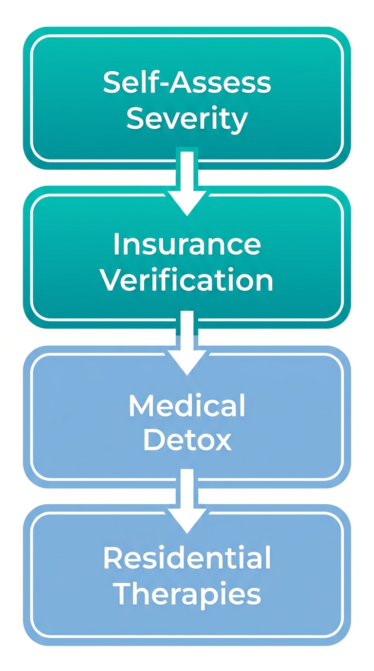 Vertical process flow diagram showing four steps to start drug rehab: self-assess, contact verification, medical evaluation, begin residential program