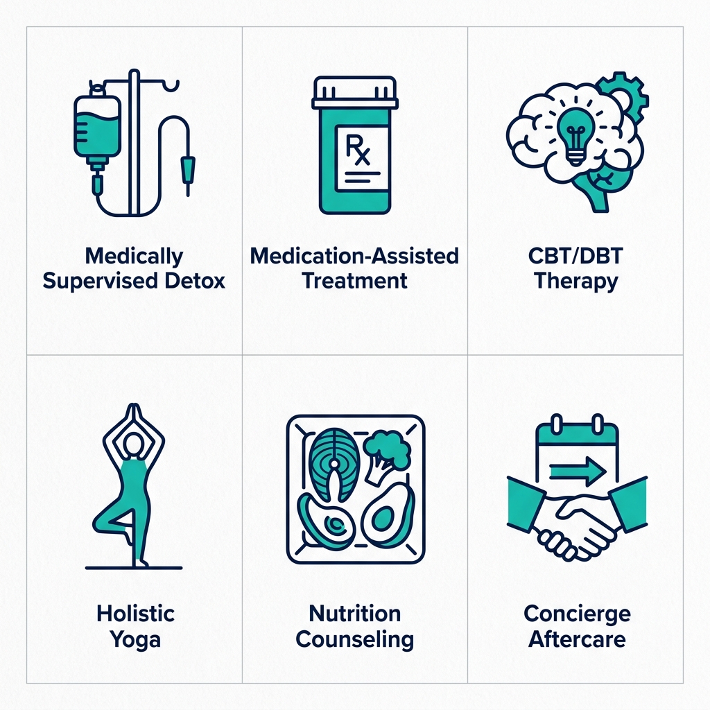Square grid of 6 icons depicting luxury rehab services: detox, medication treatment, therapy, yoga, nutrition, and aftercare.