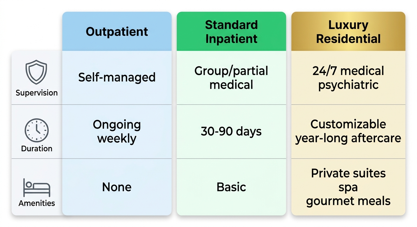 Three-column infographic comparing alcohol treatment levels near Burbank: outpatient (light blue), standard inpatient (green), luxury residential (gold) across supervision, duration, and amenities with icons.
